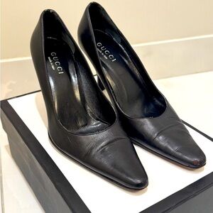 🔥 Rare Vintage 1980s Gucci Black Leather Box Toe Stiletto Slip-On Heels Pumps